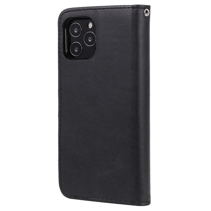 For iPhone 12 / 12 Pro 2 in 1 Solid Color Detachable PU Leather Case with Card Slots & Magnetic Holder & Photo Frame & Wallet & Strap(Black)-garmade.com