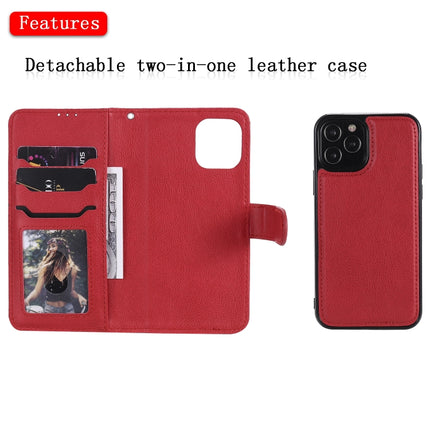For iPhone 12 / 12 Pro 2 in 1 Solid Color Detachable PU Leather Case with Card Slots & Magnetic Holder & Photo Frame & Wallet & Strap(Red)-garmade.com