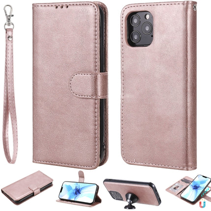 For iPhone 12 / 12 Pro 2 in 1 Solid Color Detachable PU Leather Case with Card Slots & Magnetic Holder & Photo Frame & Wallet & Strap(Rose Gold)-garmade.com