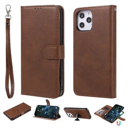 For iPhone 12 Pro Max 2 in 1 Solid Color Detachable PU Leather Case with Card Slots & Magnetic Holder & Photo Frame & Wallet & Strap(Brown)-garmade.com