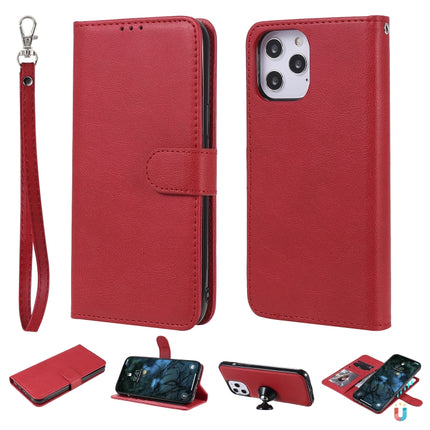 For iPhone 12 Pro Max 2 in 1 Solid Color Detachable PU Leather Case with Card Slots & Magnetic Holder & Photo Frame & Wallet & Strap(Red)-garmade.com