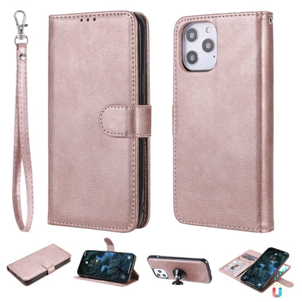 For iPhone 12 Pro Max 2 in 1 Solid Color Detachable PU Leather Case with Card Slots & Magnetic Holder & Photo Frame & Wallet & Strap(Rose Gold)-garmade.com