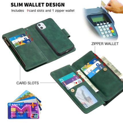 For iPhone 11 Skin Feel Detachable Magnetic Zipper Horizontal Flip PU Leather Case with Multi-Card Slots & Holder & Wallet & Photo Frame & Lanyard(Green)-garmade.com