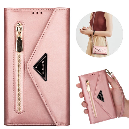 For iPhone 6 Skin Feel Zipper Horizontal Flip Leather Case with Holder & Card Slots & Photo Frame & Lanyard & Long Rope(Rose Gold)-garmade.com