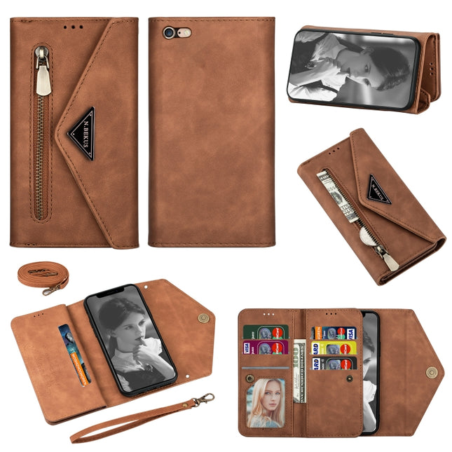 For iPhone 6 Plus Skin Feel Zipper Horizontal Flip Leather Case with Holder & Card Slots & Photo Frame & Lanyard & Long Rope(Brown)-garmade.com