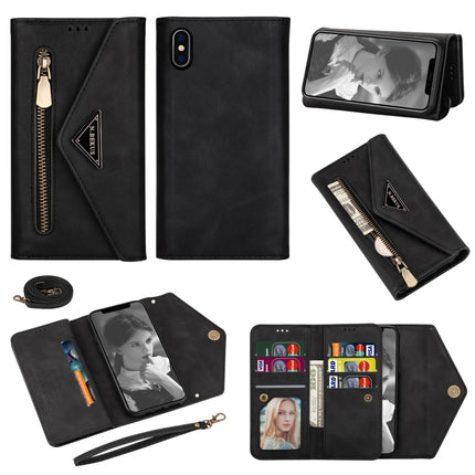 For iPhone XS / X Skin Feel Zipper Horizontal Flip Leather Case with Holder & Card Slots & Photo Frame & Lanyard & Long Rope(Black)-garmade.com