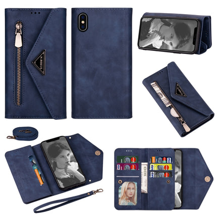 For iPhone XS / X Skin Feel Zipper Horizontal Flip Leather Case with Holder & Card Slots & Photo Frame & Lanyard & Long Rope(Blue)-garmade.com