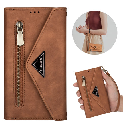 For iPhone XS / X Skin Feel Zipper Horizontal Flip Leather Case with Holder & Card Slots & Photo Frame & Lanyard & Long Rope(Brown)-garmade.com