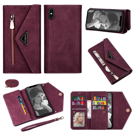 For iPhone XS / X Skin Feel Zipper Horizontal Flip Leather Case with Holder & Card Slots & Photo Frame & Lanyard & Long Rope(Wine Red)-garmade.com