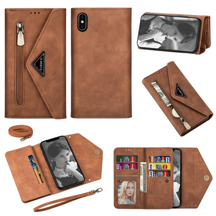 For iPhone XS Max Skin Feel Zipper Horizontal Flip Leather Case with Holder & Card Slots & Photo Frame & Lanyard & Long Rope(Brown)-garmade.com