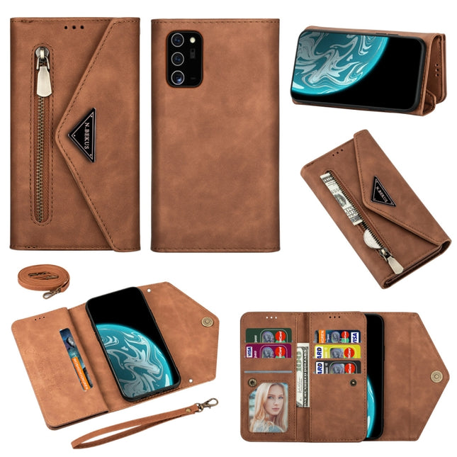 For Samsung Galaxy Note20 Skin Feel Zipper Horizontal Flip Leather Case with Holder & Card Slots & Photo Frame & Lanyard & Long Rope(Brown)-garmade.com