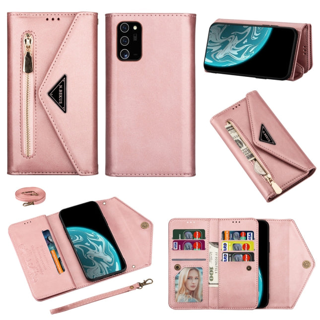 For Samsung Galaxy Note20 Skin Feel Zipper Horizontal Flip Leather Case with Holder & Card Slots & Photo Frame & Lanyard & Long Rope(Rose Gold)-garmade.com