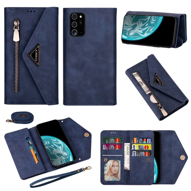 For Samsung Galaxy Note20 Ultra Skin Feel Zipper Horizontal Flip Leather Case with Holder & Card Slots & Photo Frame & Lanyard & Long Rope(Blue)-garmade.com