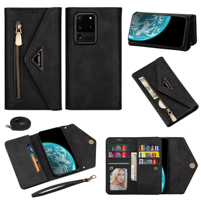 For Samsung Galaxy S20 Ultra Skin Feel Zipper Horizontal Flip Leather Case with Holder & Card Slots & Photo Frame & Lanyard & Long Rope(Black)-garmade.com