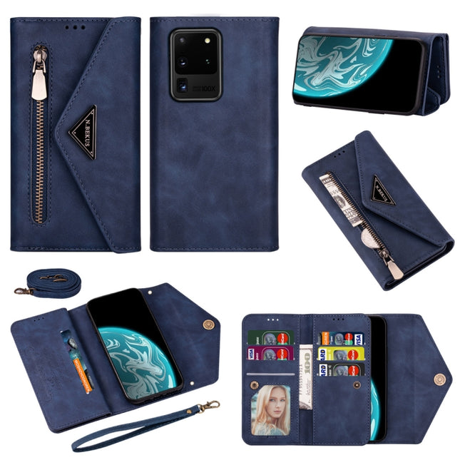 For Samsung Galaxy S20 Ultra Skin Feel Zipper Horizontal Flip Leather Case with Holder & Card Slots & Photo Frame & Lanyard & Long Rope(Blue)-garmade.com