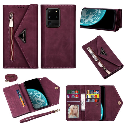 For Samsung Galaxy S20 Ultra Skin Feel Zipper Horizontal Flip Leather Case with Holder & Card Slots & Photo Frame & Lanyard & Long Rope(Wine Red)-garmade.com