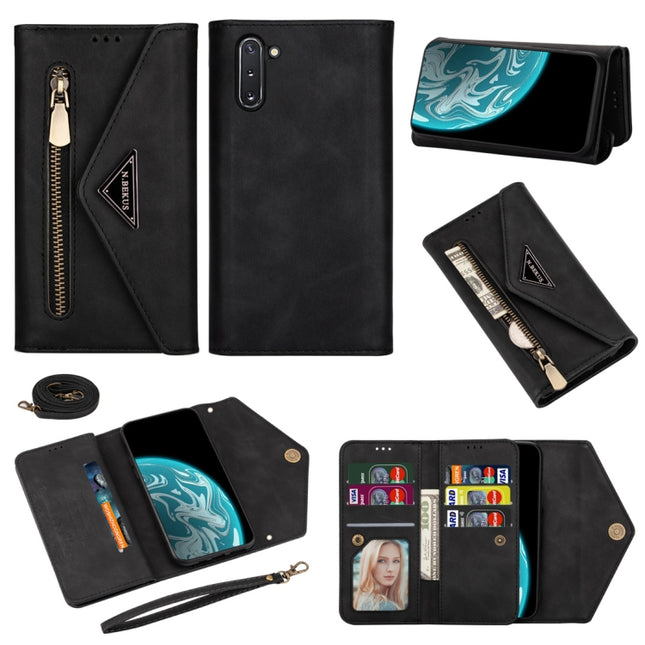 For Samsung Galaxy Note10 Skin Feel Zipper Horizontal Flip Leather Case with Holder & Card Slots & Photo Frame & Lanyard & Long Rope(Black)-garmade.com