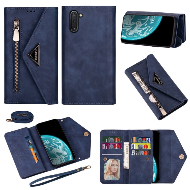 For Samsung Galaxy Note10 Skin Feel Zipper Horizontal Flip Leather Case with Holder & Card Slots & Photo Frame & Lanyard & Long Rope(Blue)-garmade.com