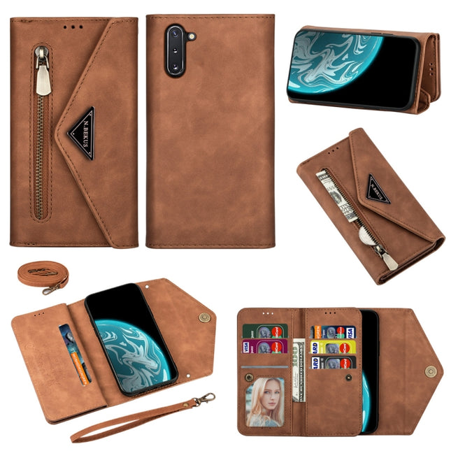 For Samsung Galaxy Note10 Skin Feel Zipper Horizontal Flip Leather Case with Holder & Card Slots & Photo Frame & Lanyard & Long Rope(Brown)-garmade.com