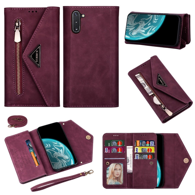 For Samsung Galaxy Note10 Skin Feel Zipper Horizontal Flip Leather Case with Holder & Card Slots & Photo Frame & Lanyard & Long Rope(Wine Red)-garmade.com