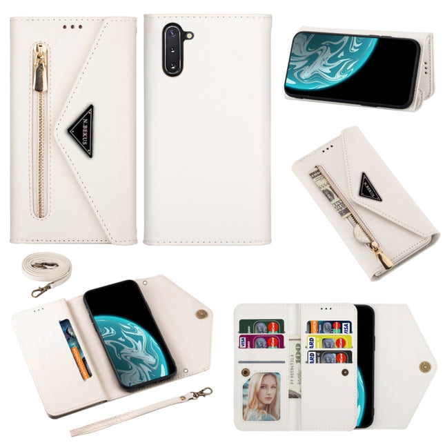 For Samsung Galaxy Note10 Skin Feel Zipper Horizontal Flip Leather Case with Holder & Card Slots & Photo Frame & Lanyard & Long Rope(White)-garmade.com