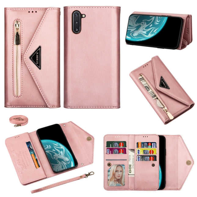 For Samsung Galaxy Note10 Skin Feel Zipper Horizontal Flip Leather Case with Holder & Card Slots & Photo Frame & Lanyard & Long Rope(Rose Gold)-garmade.com