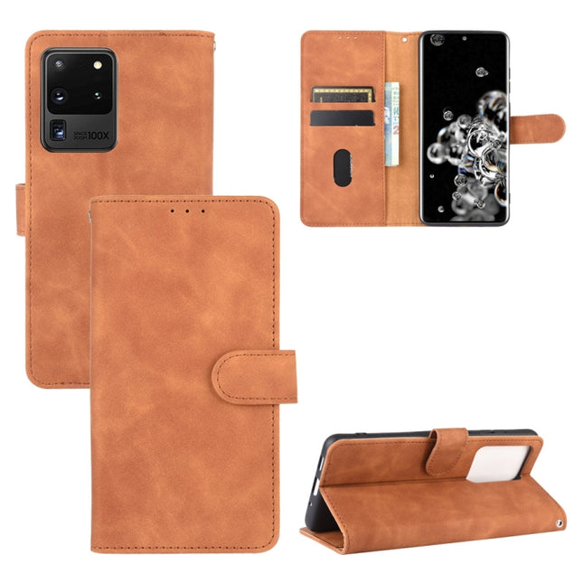 For Samsung Galaxy S20 Ultra Solid Color Skin Feel Magnetic Buckle Horizontal Flip Calf Texture PU Leather Case with Holder & Card Slots & Wallet(Brown)-garmade.com