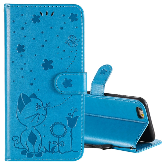 For iPhone 6 Cat Bee Embossing Pattern Shockproof Horizontal Flip Leather Case with Holder & Card Slots & Wallet(Blue)-garmade.com