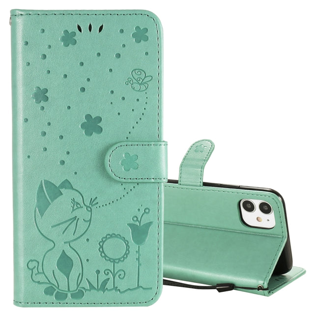 For iPhone 11 Cat Bee Embossing Pattern Shockproof Horizontal Flip Leather Case with Holder & Card Slots & Wallet(Green)-garmade.com