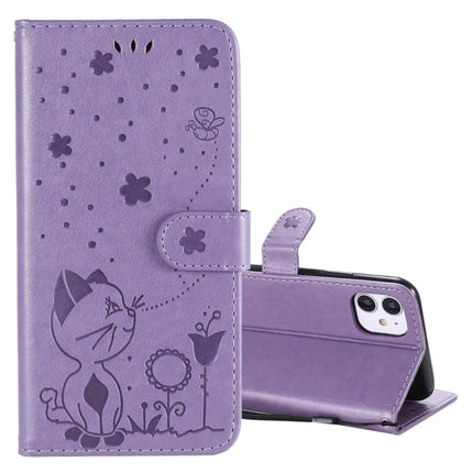 For iPhone 11 Cat Bee Embossing Pattern Shockproof Horizontal Flip Leather Case with Holder & Card Slots & Wallet(Purple)-garmade.com