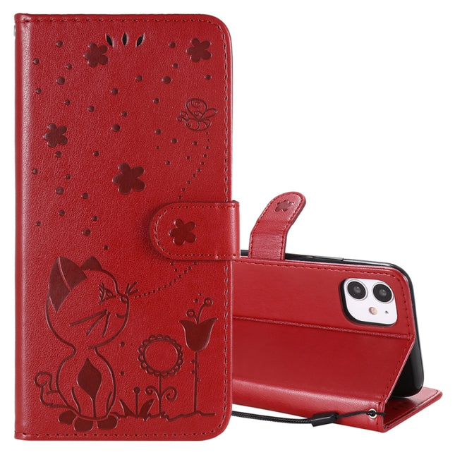 For iPhone 11 Cat Bee Embossing Pattern Shockproof Horizontal Flip Leather Case with Holder & Card Slots & Wallet(Red)-garmade.com