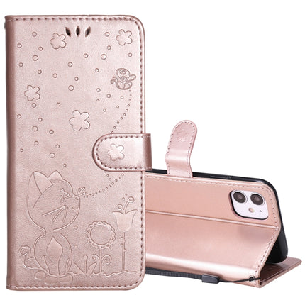 For iPhone 11 Cat Bee Embossing Pattern Shockproof Horizontal Flip Leather Case with Holder & Card Slots & Wallet(Rose Gold)-garmade.com