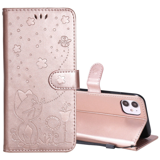 For iPhone 11 Cat Bee Embossing Pattern Shockproof Horizontal Flip Leather Case with Holder & Card Slots & Wallet(Rose Gold)-garmade.com