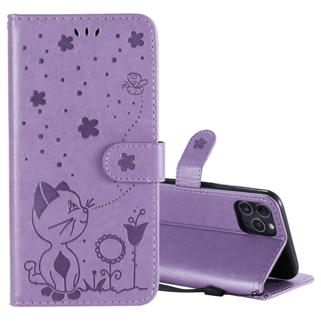 For iPhone 11 Pro Cat Bee Embossing Pattern Shockproof Horizontal Flip Leather Case with Holder & Card Slots & Wallet(Purple)-garmade.com