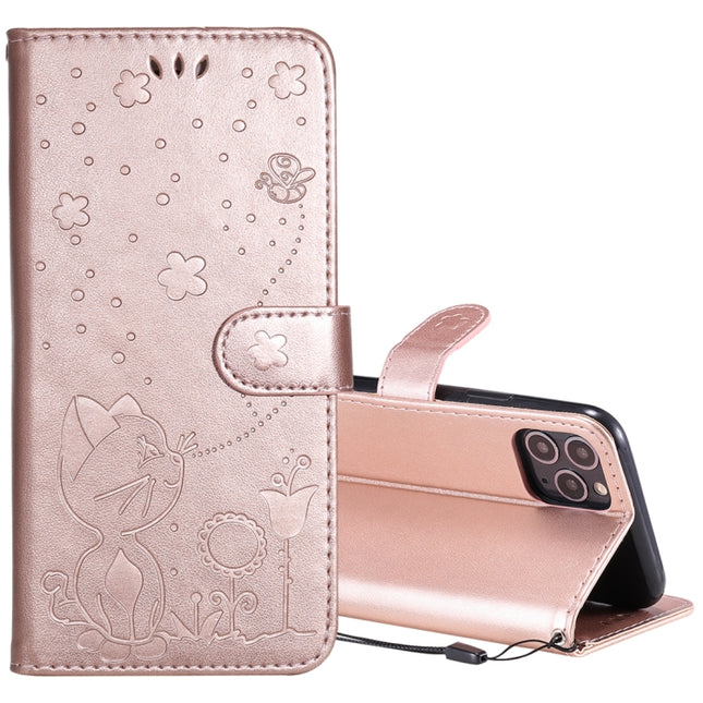 For iPhone 11 Pro Cat Bee Embossing Pattern Shockproof Horizontal Flip Leather Case with Holder & Card Slots & Wallet(Rose Gold)-garmade.com