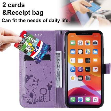For iPhone 11 Pro Max Cat Bee Embossing Pattern Shockproof Horizontal Flip Leather Case with Holder & Card Slots & Wallet(Purple)-garmade.com