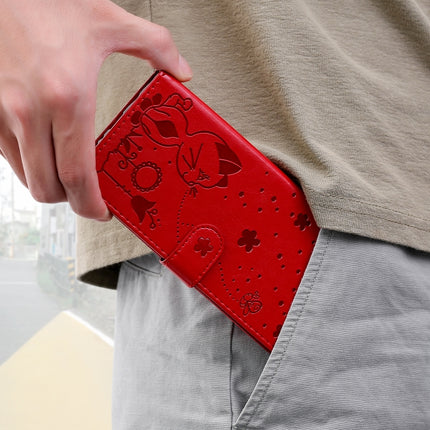 For iPhone 11 Pro Max Cat Bee Embossing Pattern Shockproof Horizontal Flip Leather Case with Holder & Card Slots & Wallet(Red)-garmade.com