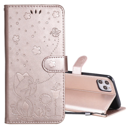 For iPhone 11 Pro Max Cat Bee Embossing Pattern Shockproof Horizontal Flip Leather Case with Holder & Card Slots & Wallet(Rose Gold)-garmade.com