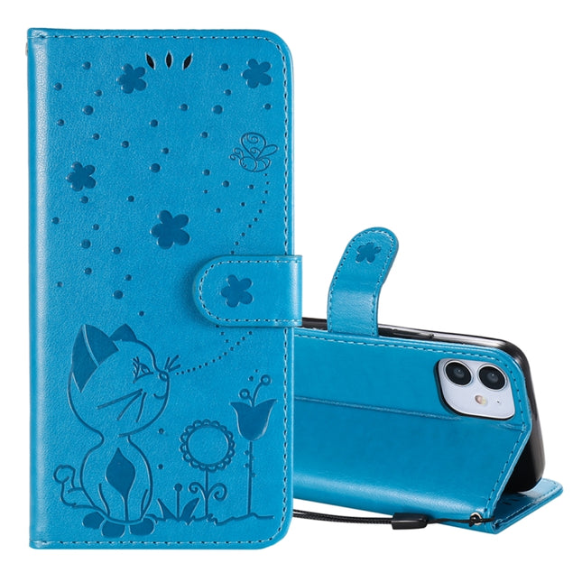 For iPhone 12 mini Cat Bee Embossing Pattern Shockproof Horizontal Flip Leather Case with Holder & Card Slots & Wallet(Blue)-garmade.com