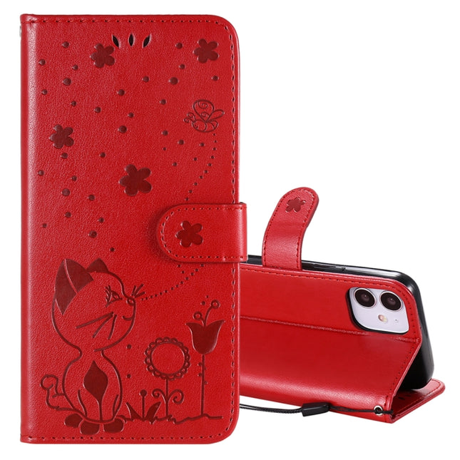 For iPhone 12 mini Cat Bee Embossing Pattern Shockproof Horizontal Flip Leather Case with Holder & Card Slots & Wallet(Red)-garmade.com