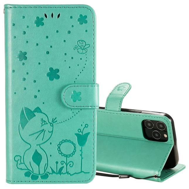 For iPhone 12 / 12 Pro Cat Bee Embossing Pattern Shockproof Horizontal Flip Leather Case with Holder & Card Slots & Wallet(Green)-garmade.com