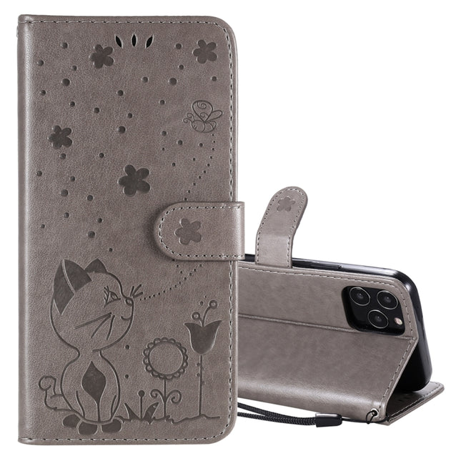For iPhone 12 / 12 Pro Cat Bee Embossing Pattern Shockproof Horizontal Flip Leather Case with Holder & Card Slots & Wallet(Grey)-garmade.com
