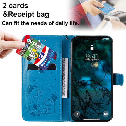 For iPhone 12 Pro Max Cat Bee Embossing Pattern Shockproof Horizontal Flip Leather Case with Holder & Card Slots & Wallet(Blue)-garmade.com