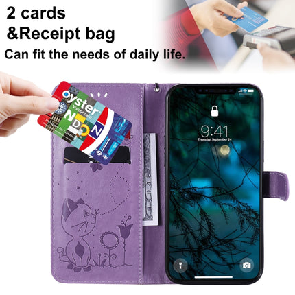 For iPhone 12 Pro Max Cat Bee Embossing Pattern Shockproof Horizontal Flip Leather Case with Holder & Card Slots & Wallet(Purple)-garmade.com