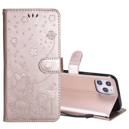 For iPhone 12 Pro Max Cat Bee Embossing Pattern Shockproof Horizontal Flip Leather Case with Holder & Card Slots & Wallet(Rose Gold)-garmade.com