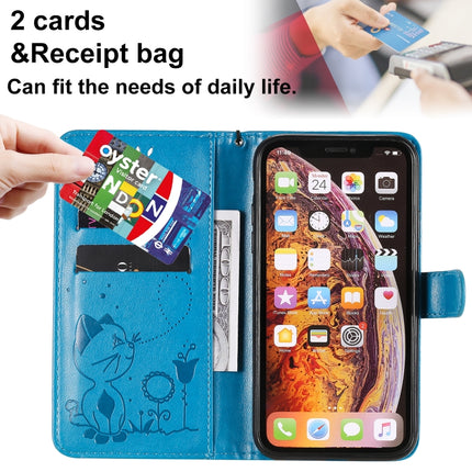 For iPhone XR Cat Bee Embossing Pattern Shockproof Horizontal Flip Leather Case with Holder & Card Slots & Wallet(Blue)-garmade.com