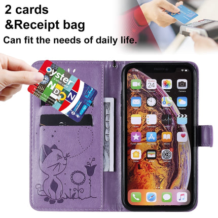For iPhone XR Cat Bee Embossing Pattern Shockproof Horizontal Flip Leather Case with Holder & Card Slots & Wallet(Purple)-garmade.com