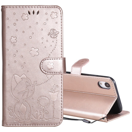 For iPhone XR Cat Bee Embossing Pattern Shockproof Horizontal Flip Leather Case with Holder & Card Slots & Wallet(Rose Gold)-garmade.com