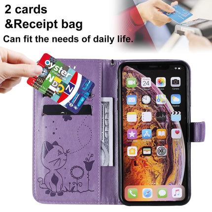 For iPhone XS Max Cat Bee Embossing Pattern Shockproof Horizontal Flip Leather Case with Holder & Card Slots & Wallet(Purple)-garmade.com