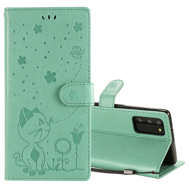 For Samsung Galaxy Note 20 Cat Bee Embossing Pattern Shockproof Horizontal Flip Leather Case with Holder & Card Slots & Wallet(Green)-garmade.com